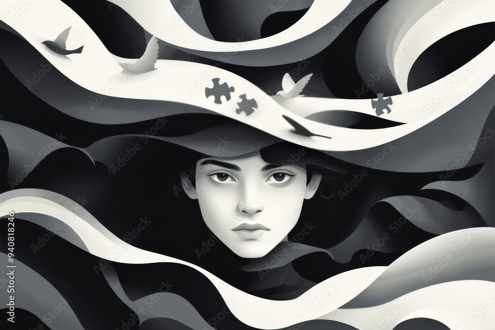 Poster monochromatic abstract illustration of a woman with flowing patterns symbolizing the complexities of