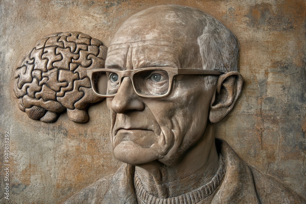 Poster detailed and textured sculpture of an elderly man with puzzle brain symbolizing memory loss cognitiv
