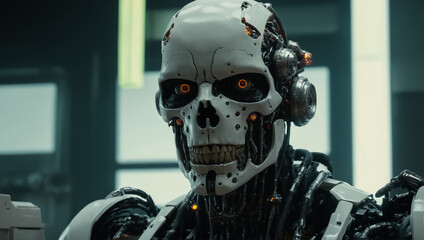 A futuristic concept of a humanoid robot, the head with bright eye sockets and a skull similar to a human.