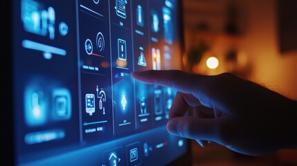 A close-up of a person's hand using a touchscreen interface to control smart home lighting and temperature, with the screen displaying various options and settings, highlighting the customization and