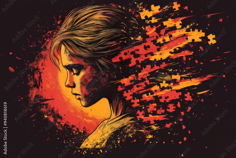 Poster artistic portrait of a woman disintegrating into particles symbolizing the fragmentation of identity