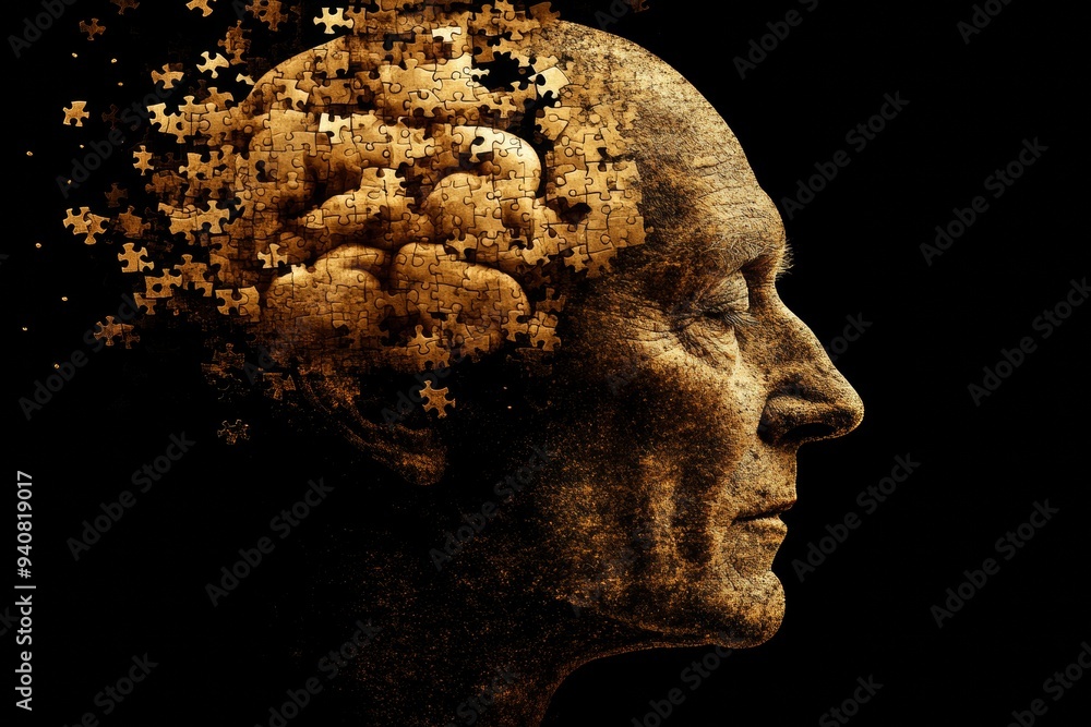 Poster detailed and textured profile of an elderly man with puzzle brain symbolizing cognitive decline memo