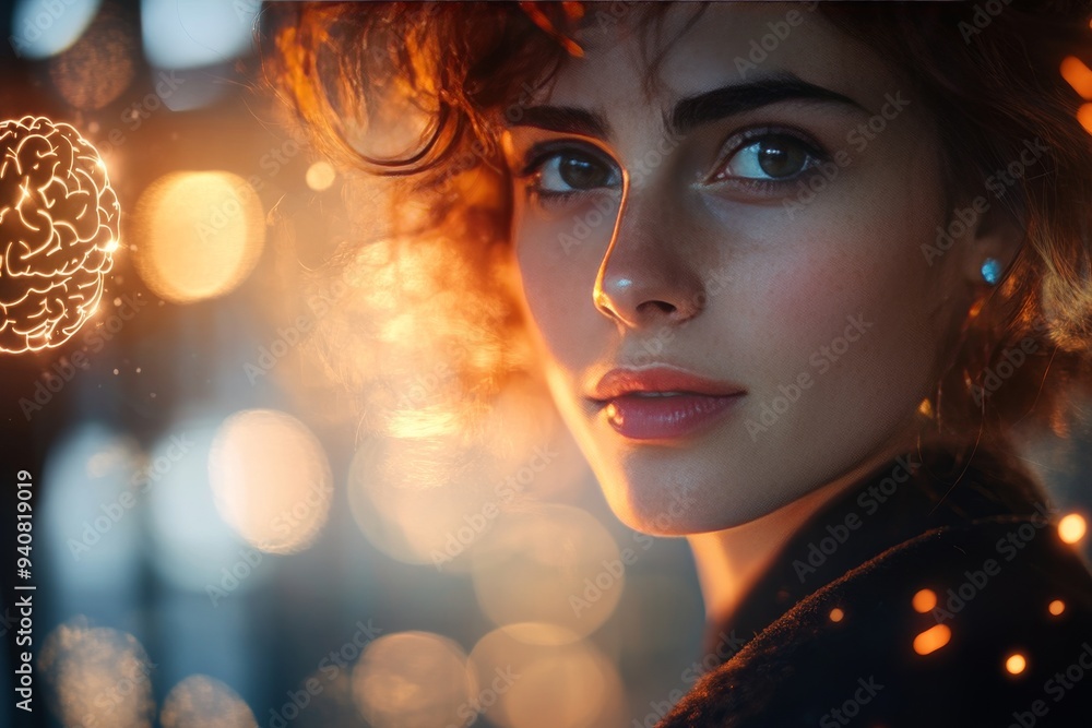 Aufkleber dreamlike portrait of a woman with glowing brain elements symbolizing creativity introspection and t