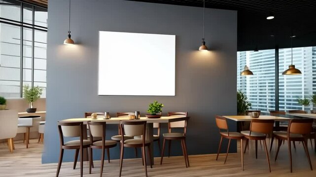 Blank white horizontal billboard on wall in cafe interior, inside advertising poster, mock up, concept of marketing communication to promote or sell idea	