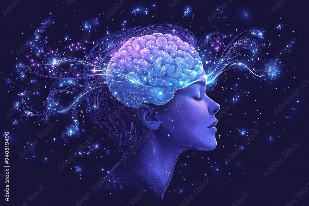 Aufkleber cosmic profile of a woman with a glowing brain symbolizing the interconnectedness of thought imagina
