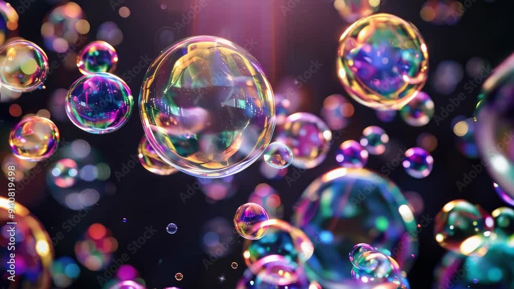 Poster bubbles of various sizes drift gracefully in a dark environment, reflecting vibrant colors and brill