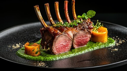 Succulent Herb-Crusted Rack of Lamb with Green Puree and Roasted Vegetables on Black Plate