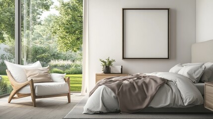 A serene bedroom with natural light flowing in through large windows. A cozy bed is complemented by a comfortable chair. Modern and minimalistic design enhances tranquility. AI