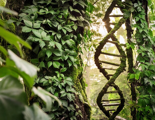 Biochemistry - DNA chain surrounded by leaves