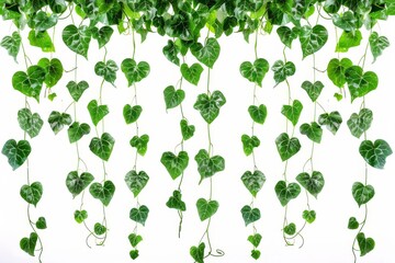 Hanging vines ivy foliage jungle bush, heart shaped greenery leaves climbing plant nature backdrop isolated on white background