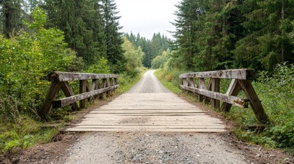 Fototapeta premium Tranquil Beauty of Historic Wooden Bridge in Pine Forest - Scenic Nature Landscape with Vintage Architecture