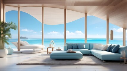 "Step into your dream vacation with a stunning 3D illustration of a modern luxury beach home. Imagine yourself lounging on a plush sofa, sipping coffee and gazing out of a floor-to-ceiling glass windo