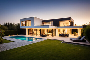 maison moderne avec piscine idéal pour article, blog, ou publicité sur l'architecture et l'immobilier