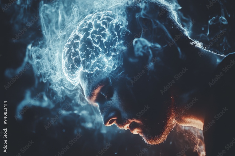 Aufkleber artistic portrait of a man with a glowing brain encased in ice symbolizing the cold intensity of tho