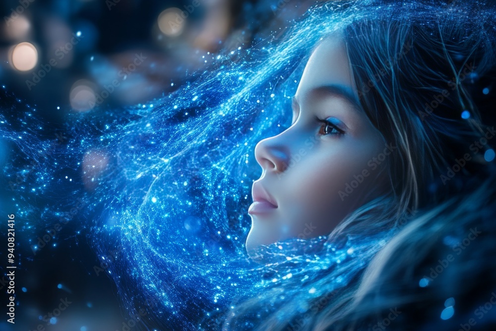 Aufkleber dreamlike portrait of a woman wrapped in stars with a glowing brain symbolizing the connection betwe