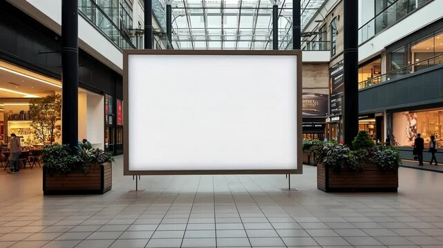 Blank white billboard in shopping centre, big empty inside advertising poster, mock up, concept of marketing communication to promote or sell idea