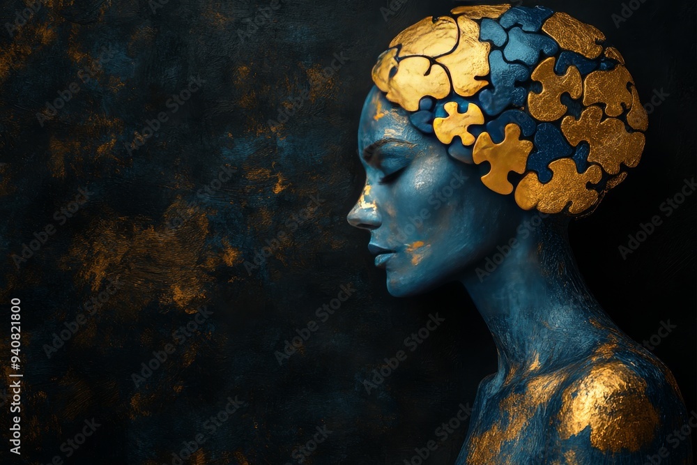Poster artistic profile of a woman with golden puzzle brain symbolizing the complex nature of thought menta