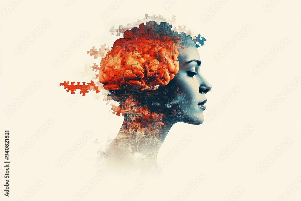 Aufkleber artistic profile of a woman with a brain composed of colorful puzzle pieces symbolizing the connecti