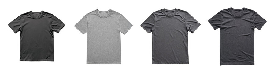 Set of four basic cotton T-shirts in various shades of gray isolated on a transparent background, perfect for fashion and retail