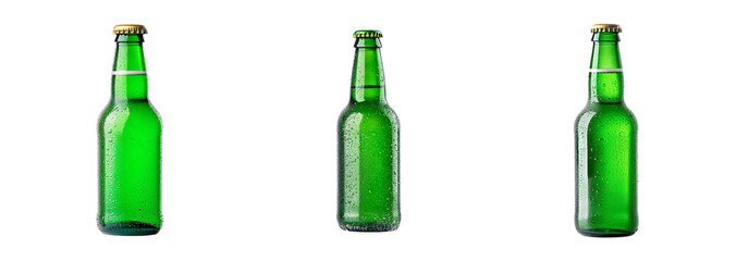 Collection of three green beer bottles isolated on a transparent background, ideal for Oktoberfest or party celebration themes