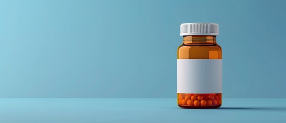 Orange pill bottle with blank label on blue background