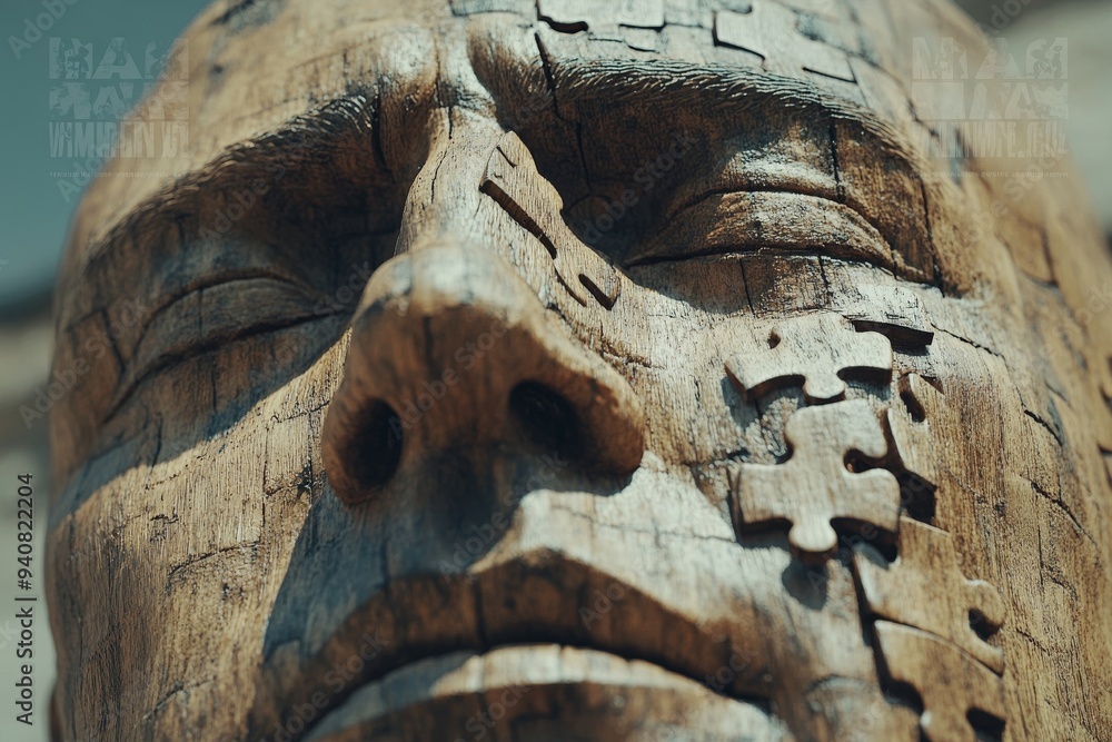 Poster close up portrait of a weathered stone face with missing puzzle pieces symbolizing the erosion of id