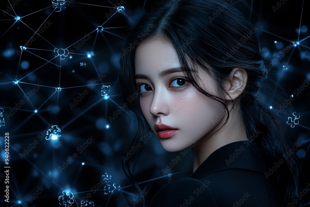Poster futuristic portrait of a woman with a network of glowing neural connections symbolizing the fusion o