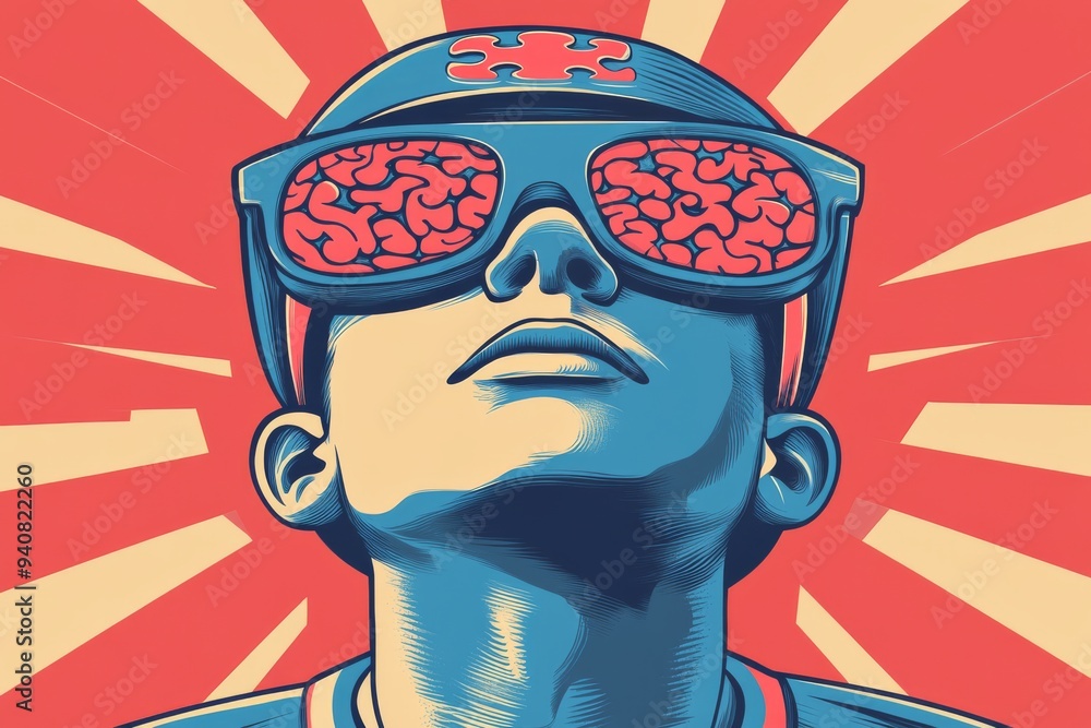 Aufkleber pop art style portrait of a man with a glowing brain symbolizing the explosion of creativity mental 