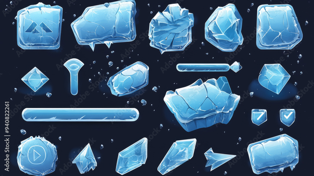 Poster transparent cartoon ice-themed buttons, sliders, arrows, and keys with cracks. includes ice crystal 