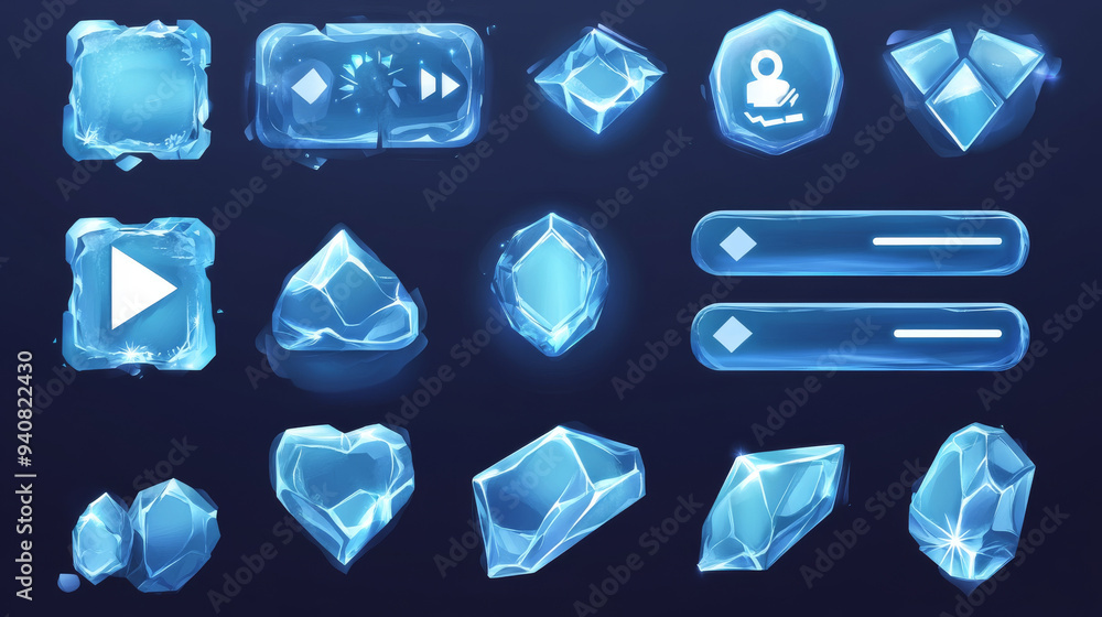 Poster transparent cartoon ice-themed buttons, sliders, arrows, and keys with cracks. includes ice crystal 