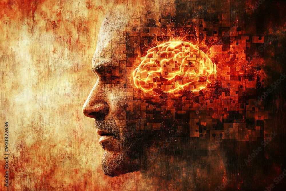 Poster detailed profile of a man with a glowing brain symbolizing the intersection of intellect creativity 