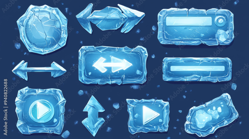 Poster transparent cartoon ice-themed buttons, sliders, arrows, and keys with cracks. includes ice crystal 