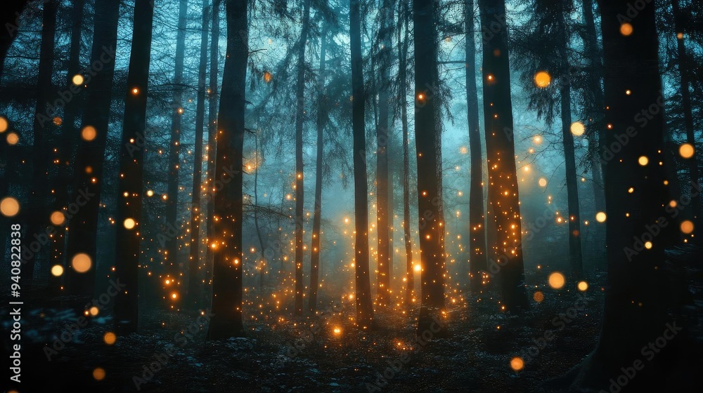 Poster enchanted forest scene filled with mystic glow and floating lights, creating a magical and serene at