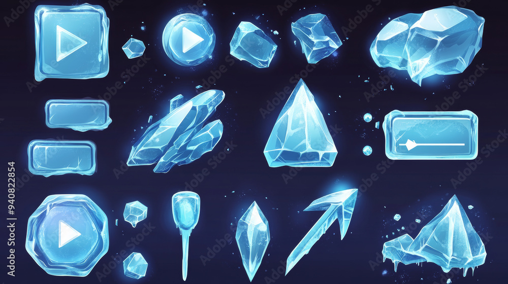 Poster transparent cartoon ice-themed buttons, sliders, arrows, and keys with cracks. includes ice crystal 
