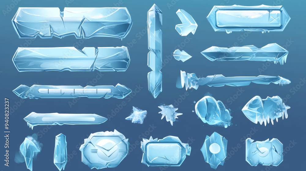 Poster transparent cartoon ice-themed buttons, sliders, arrows, and keys with cracks. includes ice crystal 