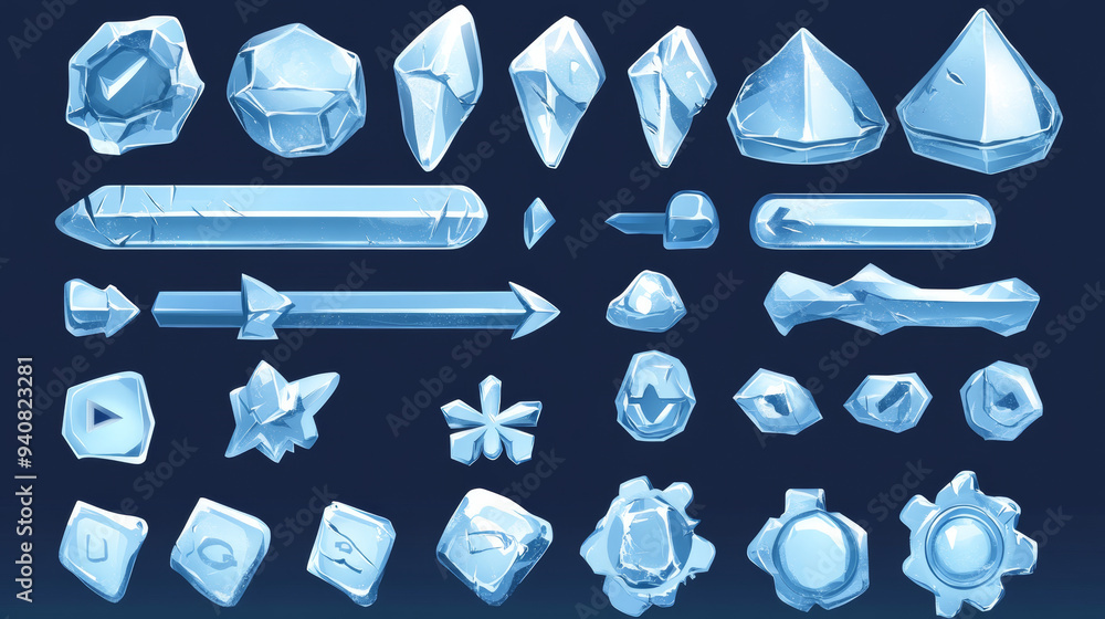 Poster transparent cartoon ice-themed buttons, sliders, arrows, and keys with cracks. includes ice crystal 