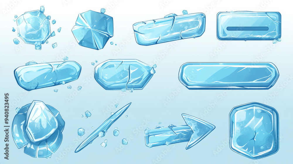 Poster transparent cartoon ice-themed buttons, sliders, arrows, and keys with cracks. includes ice crystal 