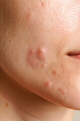 Fototapeta premium Skin with acne close-up. The girl with pimples. Cosmetology, acne treatment, rosacea. Problematic facial skin