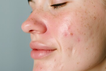 Fototapeta premium Skin with acne close-up. The girl with pimples. Cosmetology, acne treatment, rosacea. Problematic facial skin