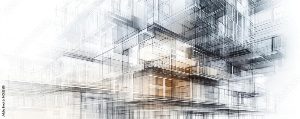 Poster A modern architectural design illustration showcasing a geometric structure with transparent layers and light accents.