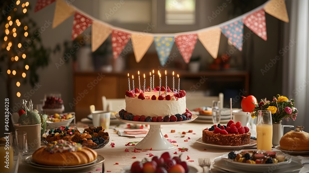 Aufkleber vibrant and festive birthday party table setup with a hanging banner display and copy space for text