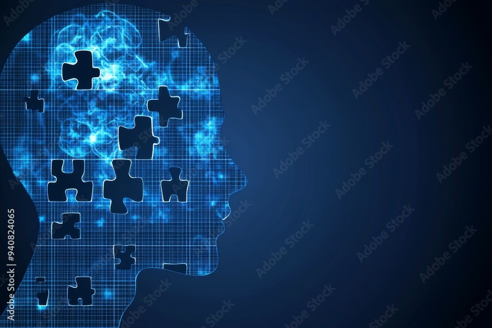 Poster digital silhouette with puzzle pieces: exploring the complex relationship between artificial intelli
