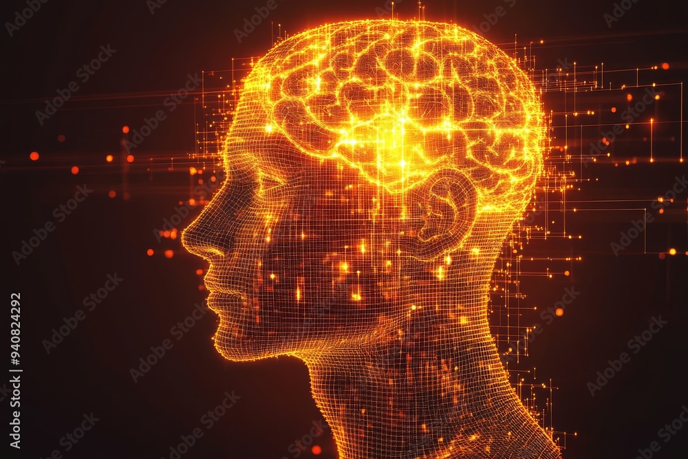 Poster glowing brain in profile view: a digital interpretation of cognitive processes mental energy and the