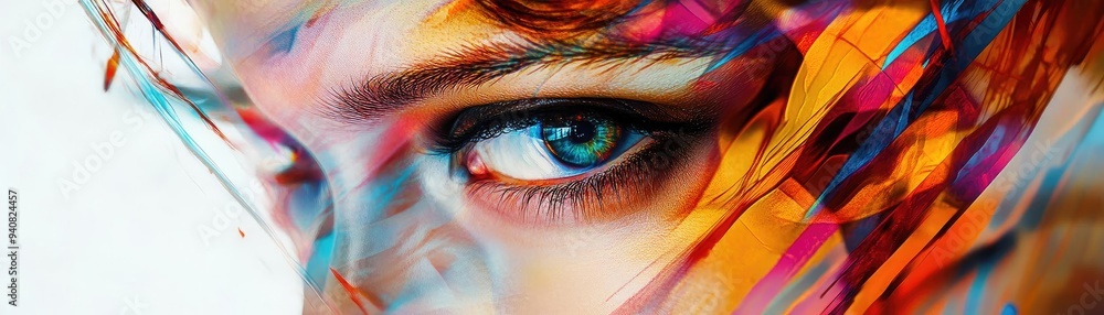 Poster an artistic portrayal featuring a vibrant eye, surrounded by colorful abstract patterns, evoking emo