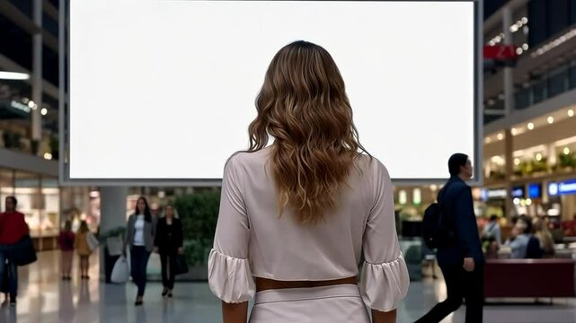 Back view woman looking information on big Blank white billboard inside shopping centre, empty intside advertising poster, mock up, concept of marketing communication to promote or sell idea.