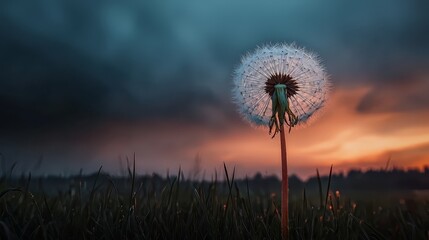  A dandelion in a field against a dark backdrop of clouds