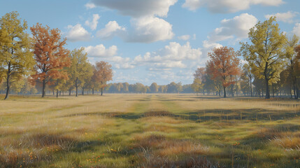Fototapeta premium Sunny Meadow with Autumn Trees and Soft Clouds..