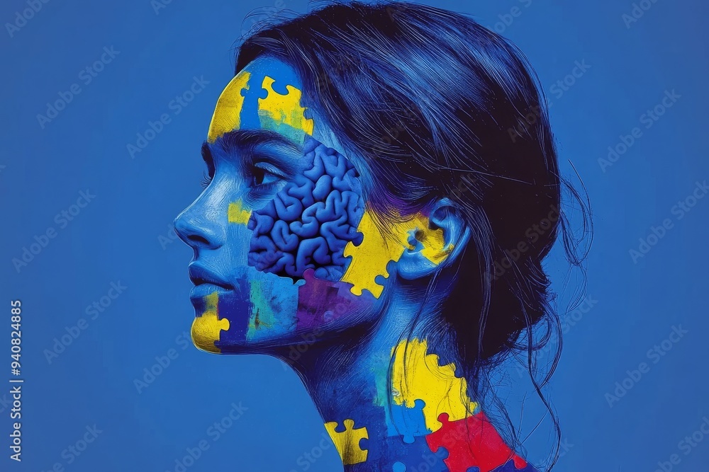 Poster womans face painted with puzzle pieces: a symbol of identity cognitive complexity and the fragmented