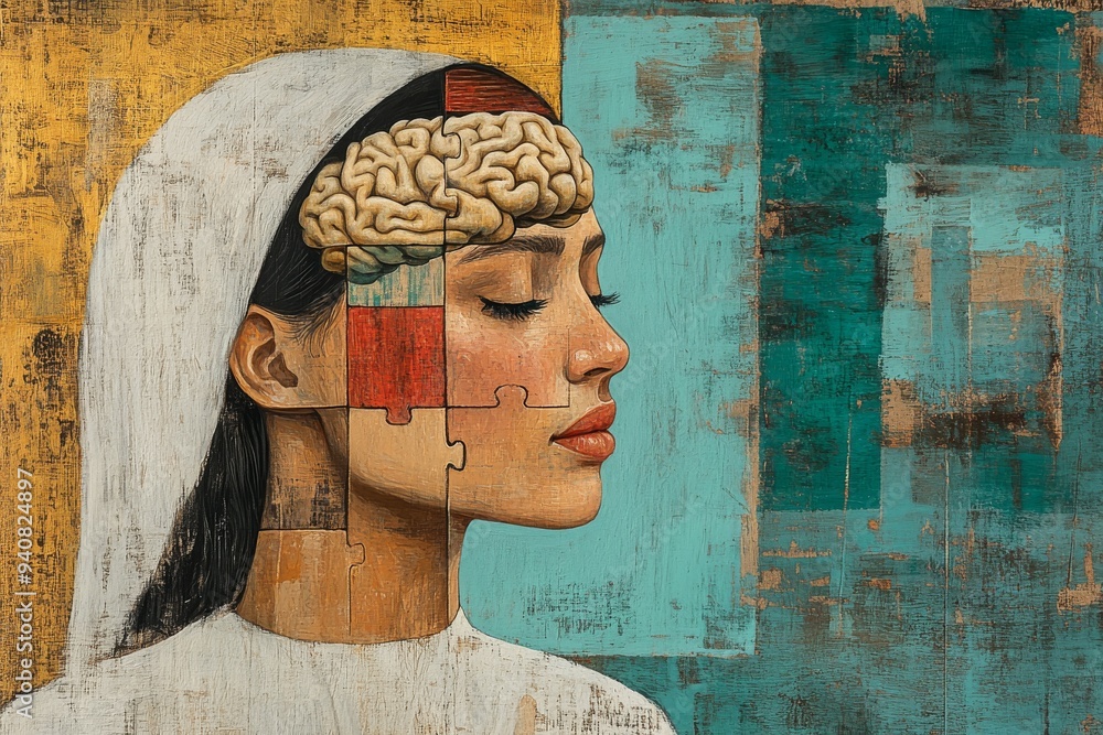 Poster womans profile with brain on canvas: merging art and science to explore cognitive thought mental pro