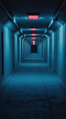 Long Dimly Lit Blue Corridor with Red Lights Creating a Mysterious and Eerie Atmosphere